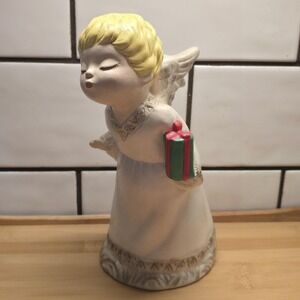 Vintage 1960s Christmas Kissing Blonde Angel Present Gift Figurine Decor 8"‎